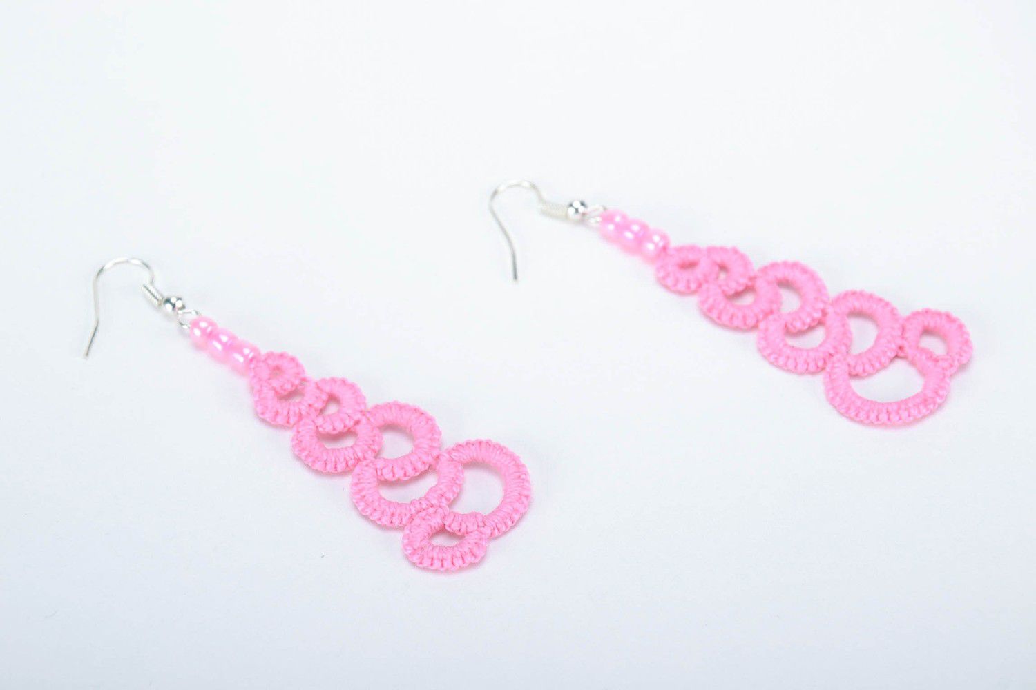 Earrings made of woven lace with beads photo 3
