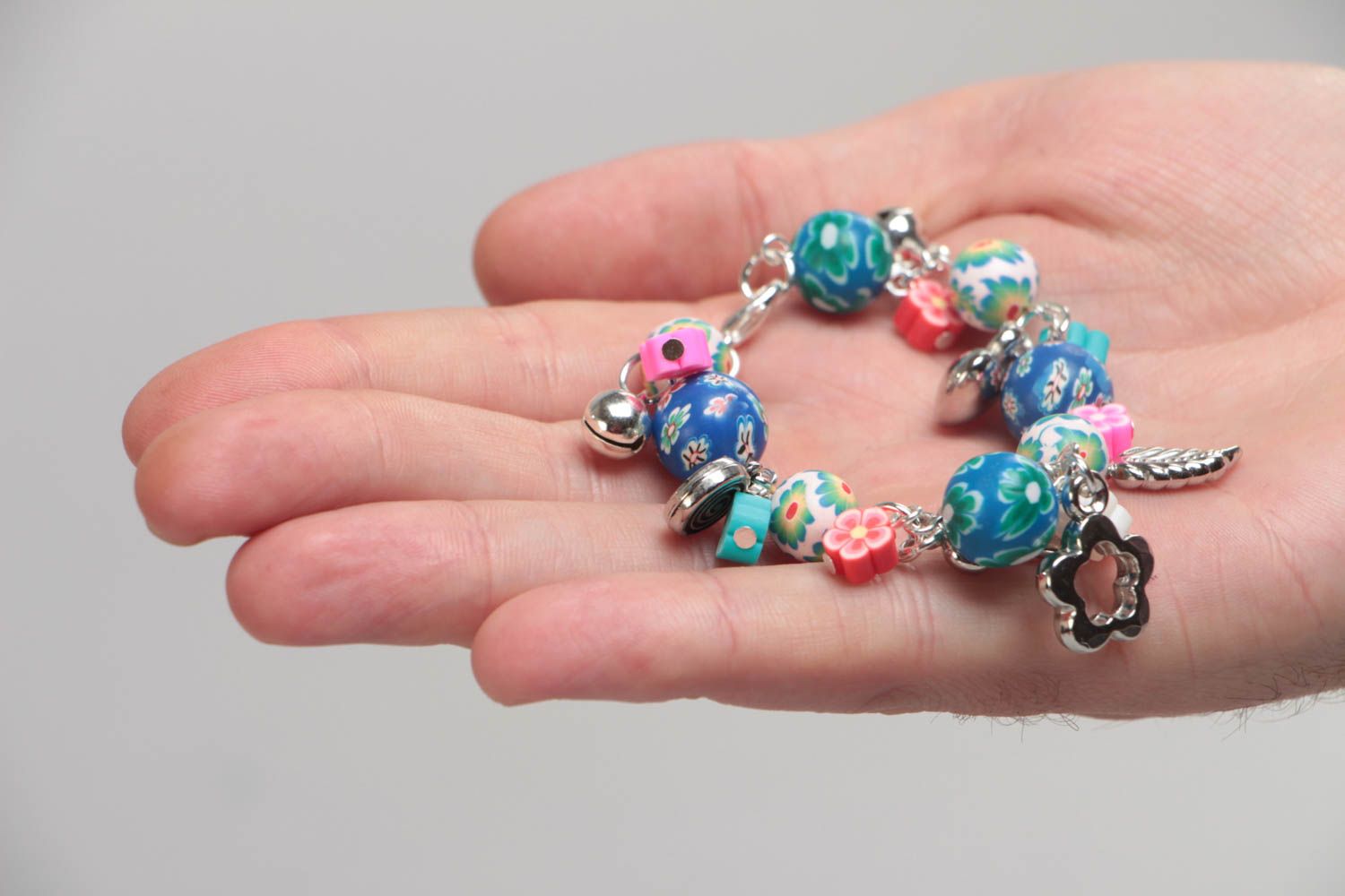 Charm bracelet for teen girls with blue and pink colorful beads photo 5