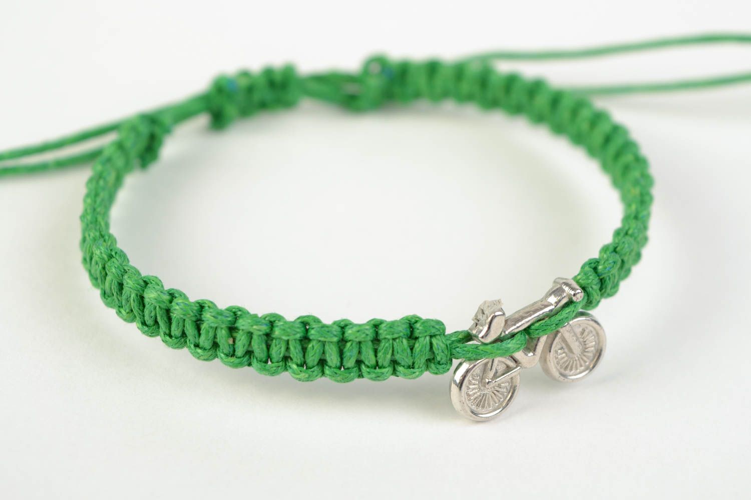 Handmade braided unisex stylish cord bracelet with charm Green Bicycle  photo 3