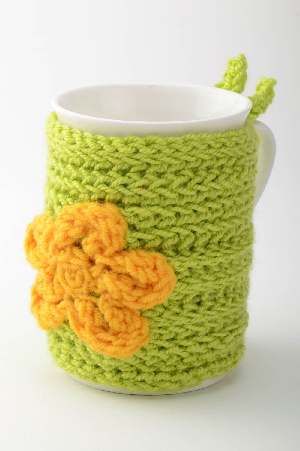 Mug avec housse tricotée verte avec fleur fait main cadeau original 30 cl photo 5