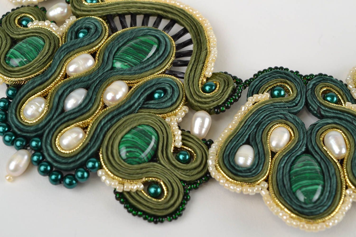 Handmade designer massive soutache necklace with natural stones and pearls photo 3