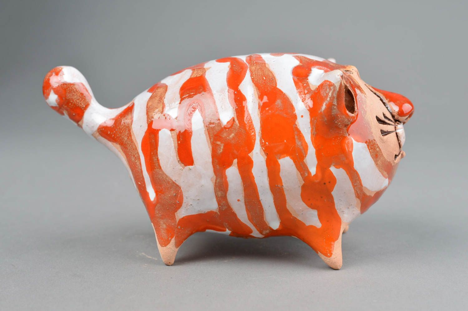 Figurine céramique peinte de glaçure colorée faite main Gros chat rouge photo 4