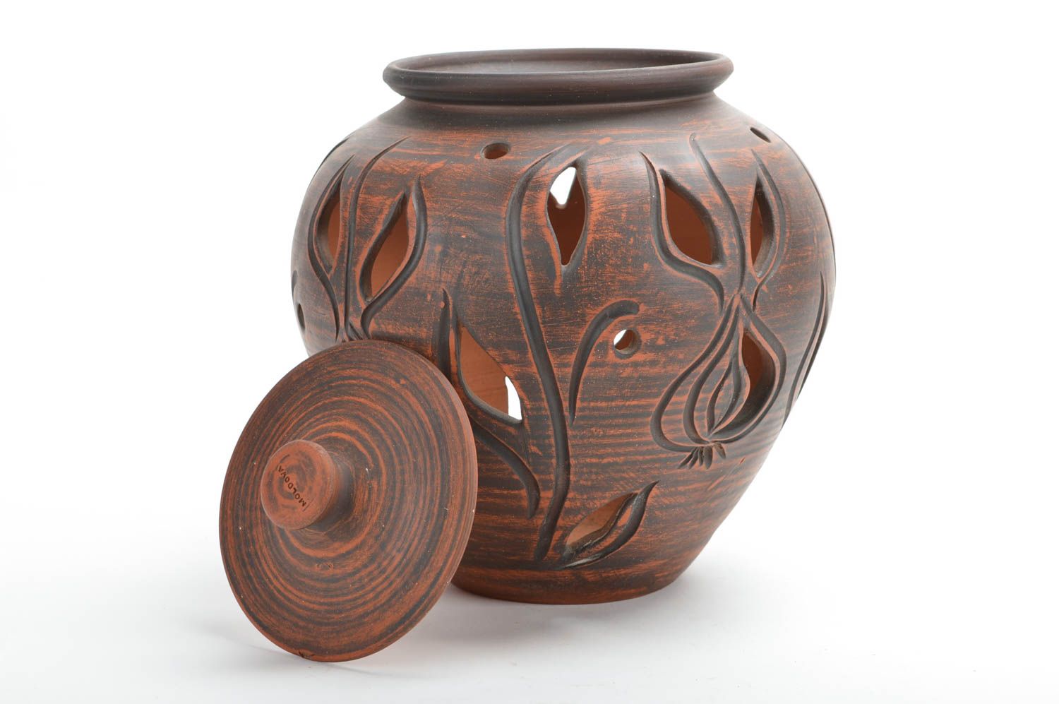 Pot avec couvercle en terre cuite fait main marron ajouré décoratif original photo 2