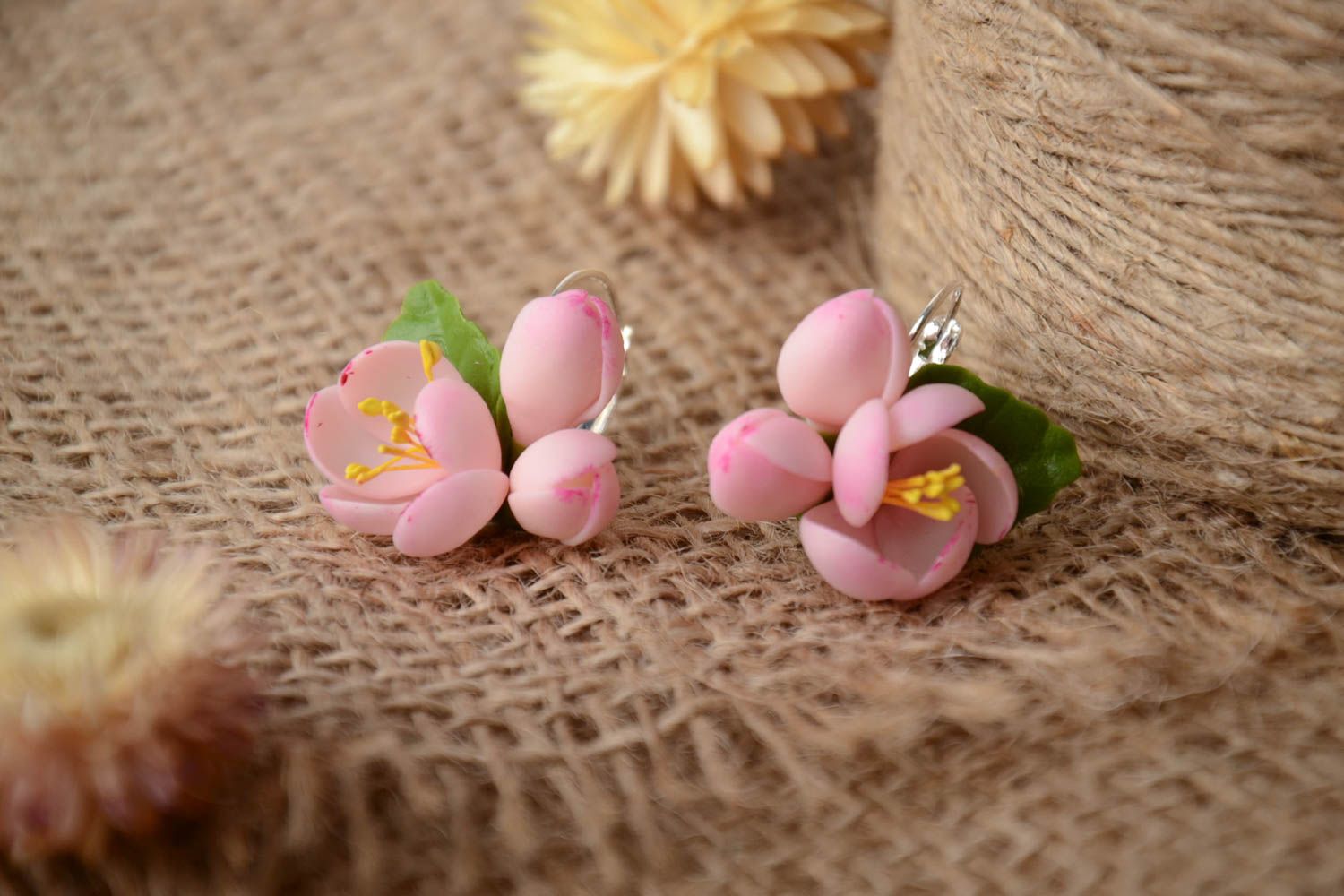 Handmade neat small earrings with tender pink cold porcelain apple flowers photo 1