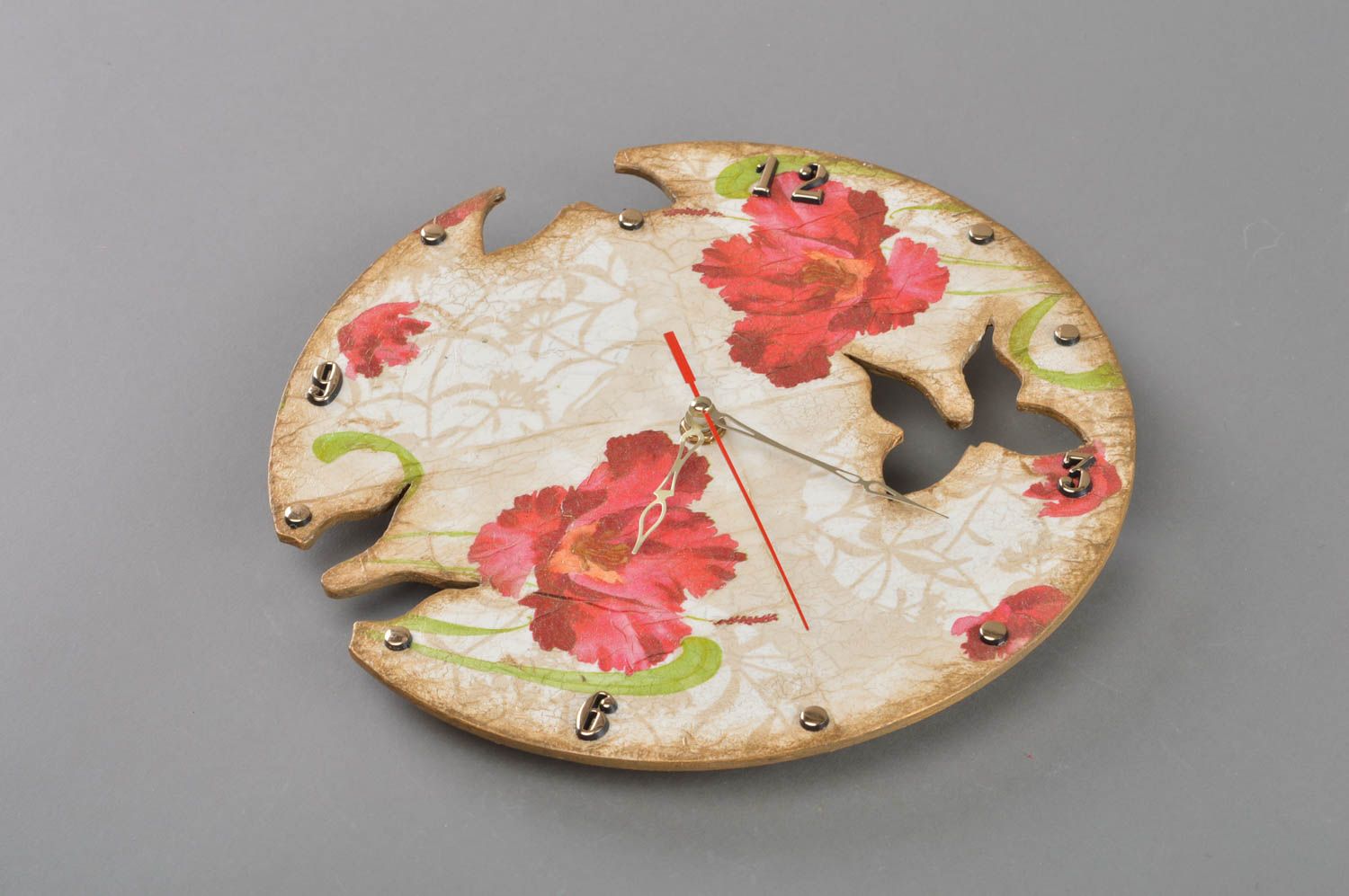 Horloge ronde murale en contreplaqué à motif floral de style vintage faite main photo 1