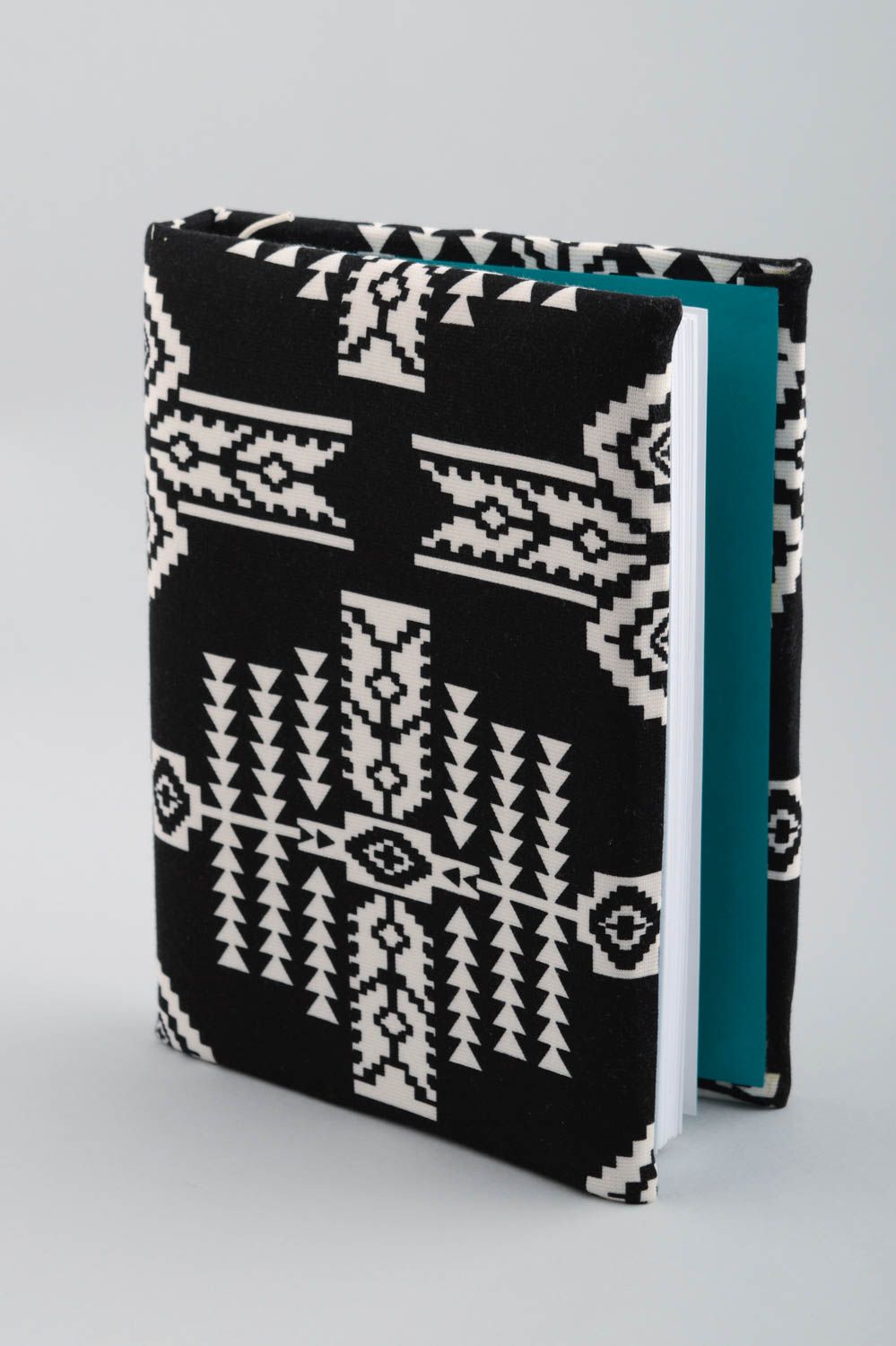 Handmade designer notebook with soft fabric cover with black and white ornament photo 2