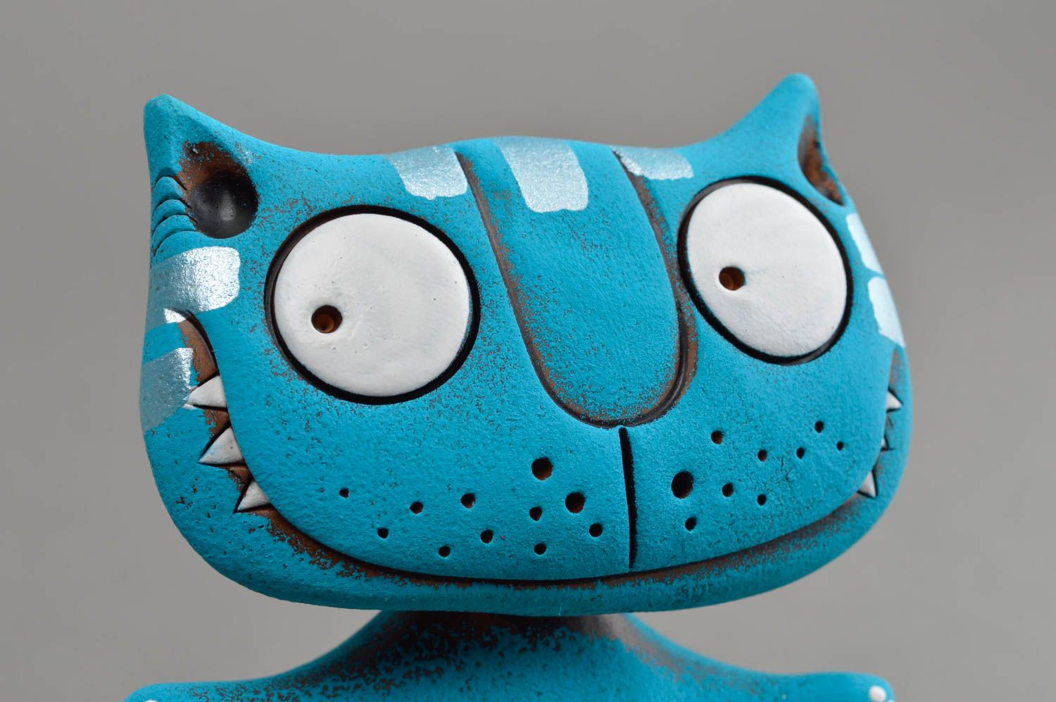 Синяя глиняная статуэтка ручной работы авторского дизайна расписная Кот фото 4