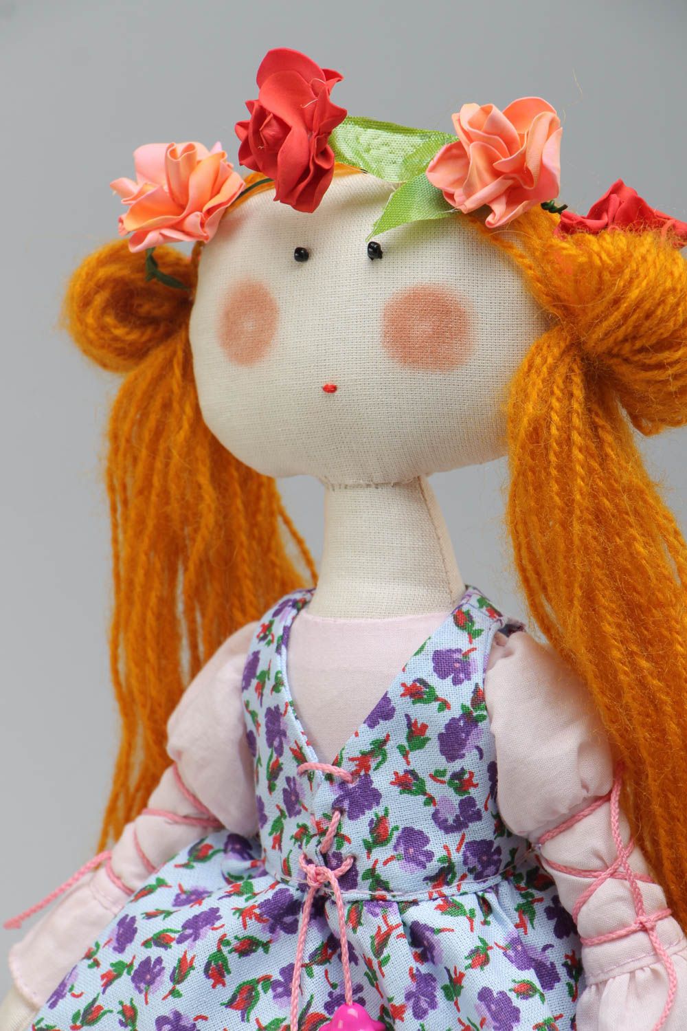 Handmade soft doll sewn of cotton fabric girl in violet dress with ginger hair photo 3