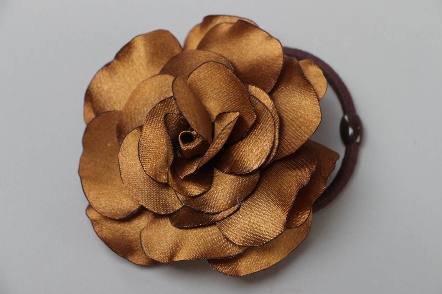 Handmade decorative hair band with volume satin ribbon rose flower of brown color photo 2