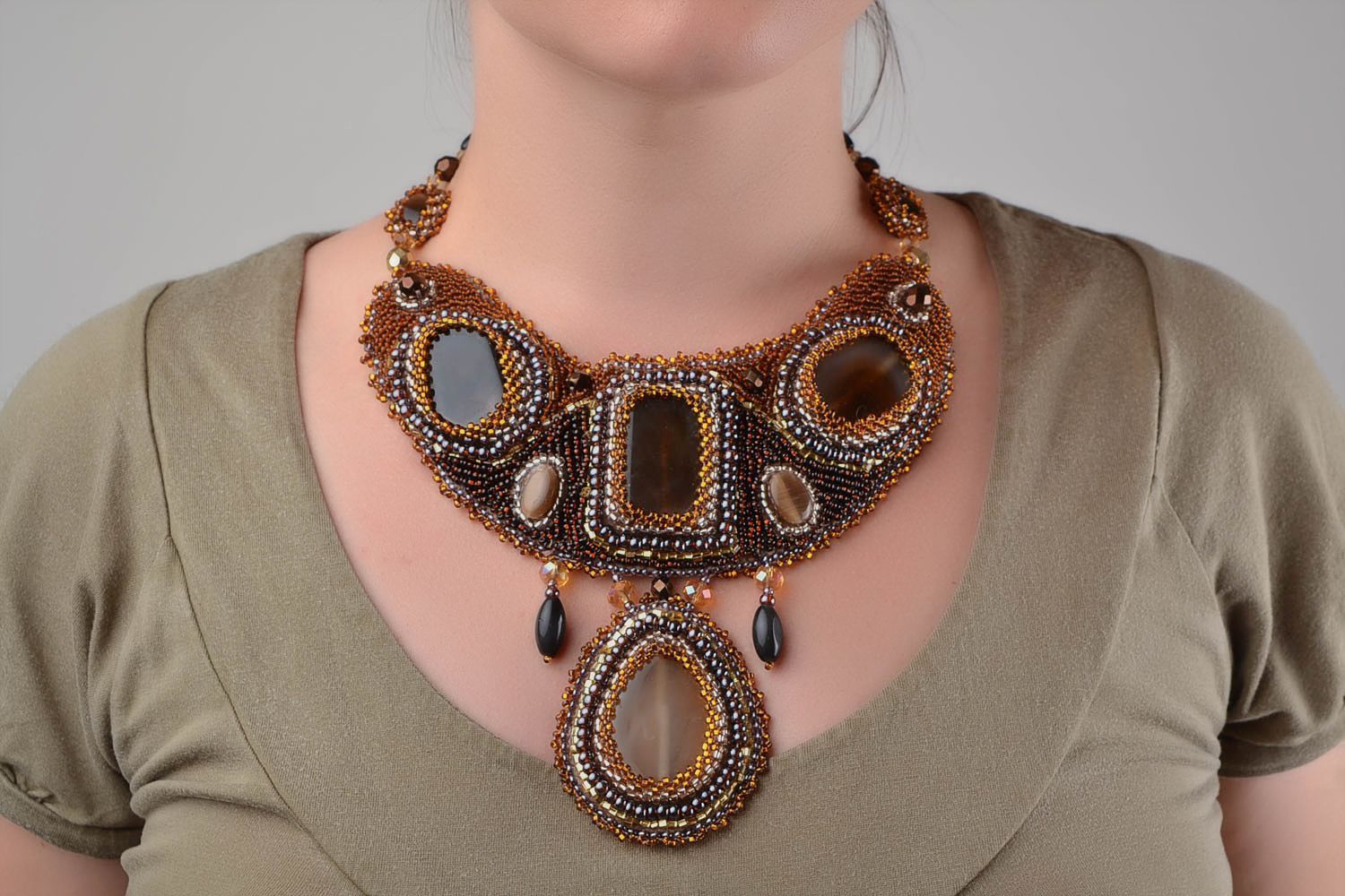 Beautiful massive handmade beaded necklace with natural stones designer jewelry photo 1