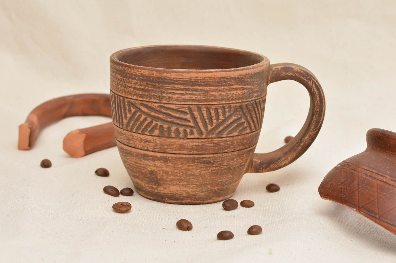 3 oz clay not glazed coffee cup with handle and line pattern photo 1