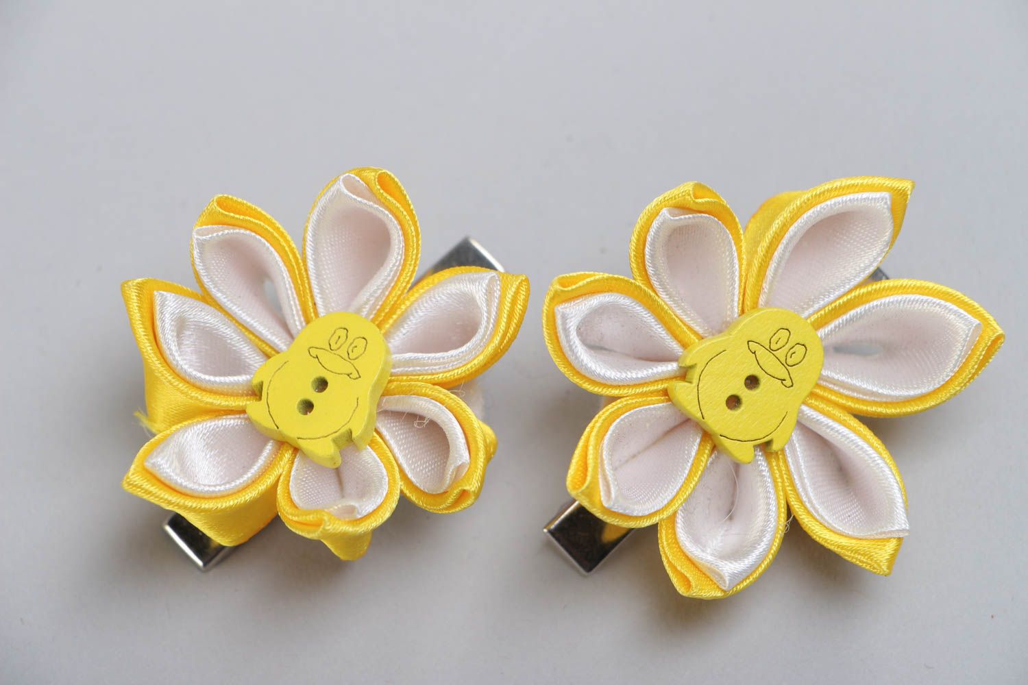 Set of handmade hairpins made using kanzashi technique in yellow color for children photo 2