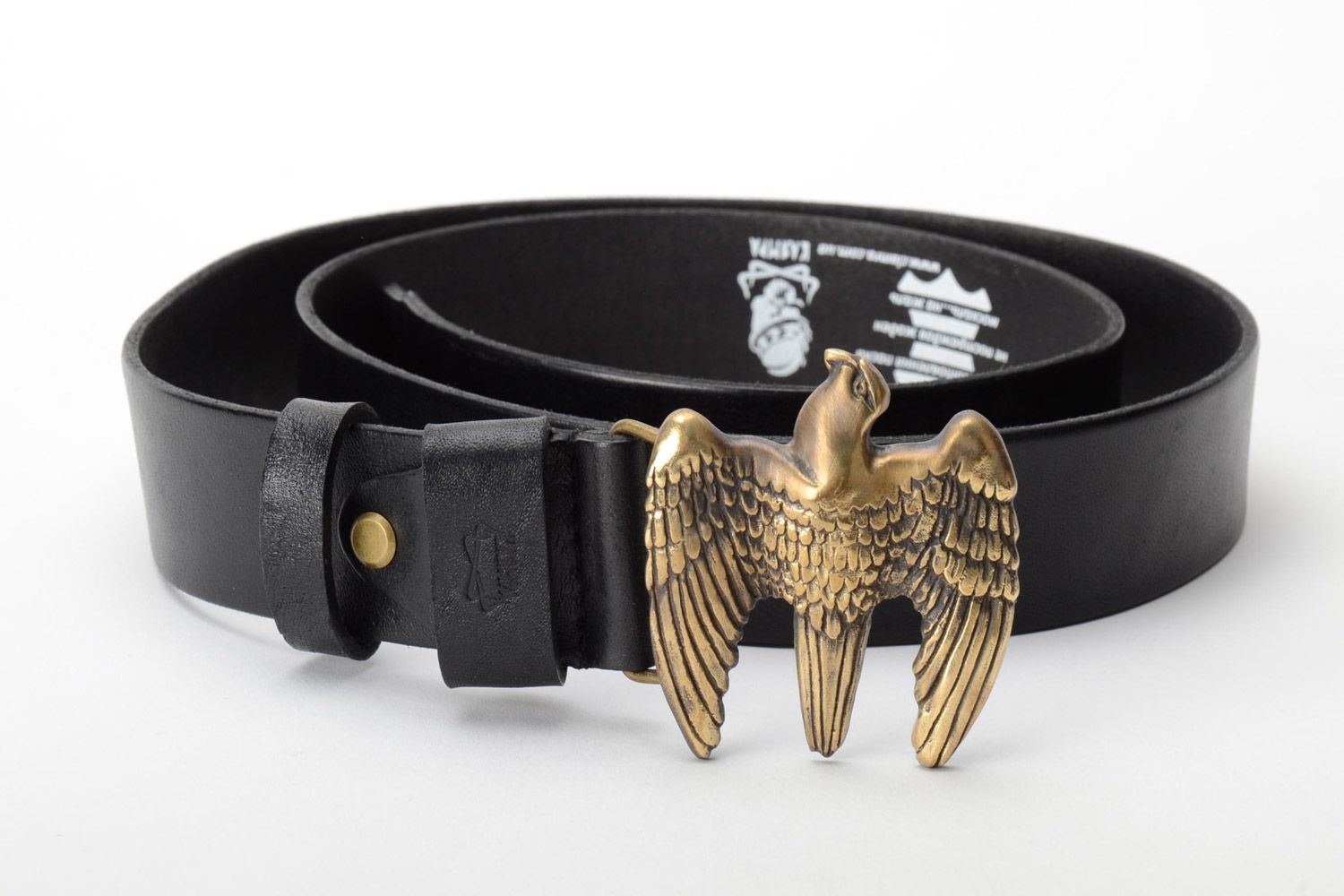 Handmade black genuine leather belt with metal buckle Eagle photo 1