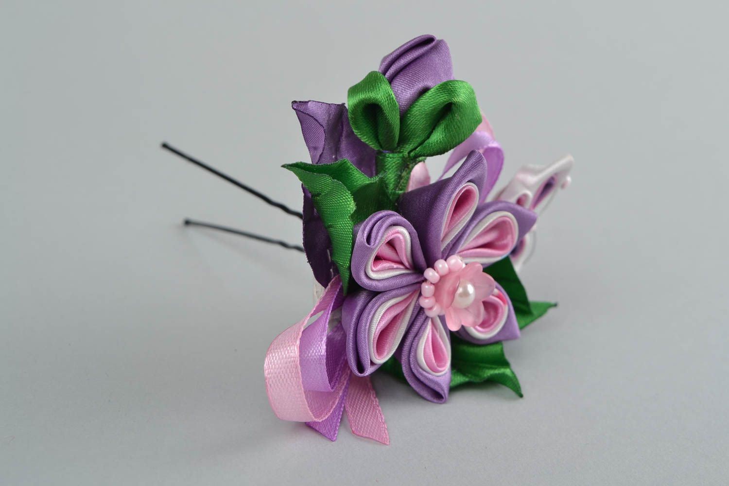 Kanzashi Haarnadel mit Blumen in Violett handgemacht originell schön groß  foto 3