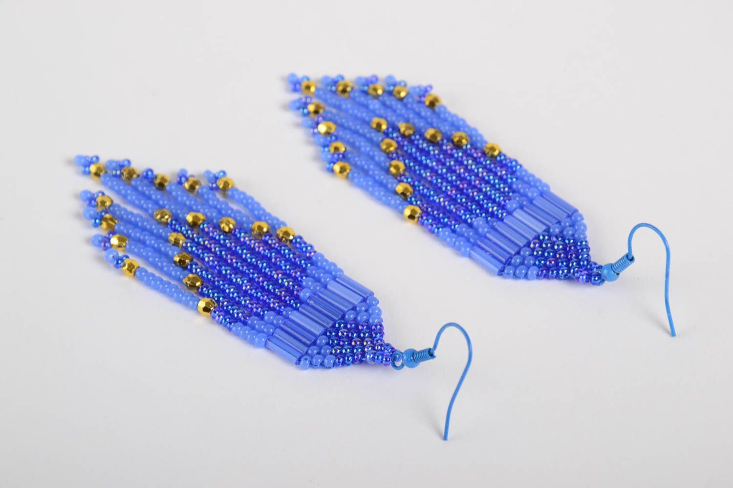 Серьги с бахромой из бисера голубые длинные красивые необычные ручная работа фото 5