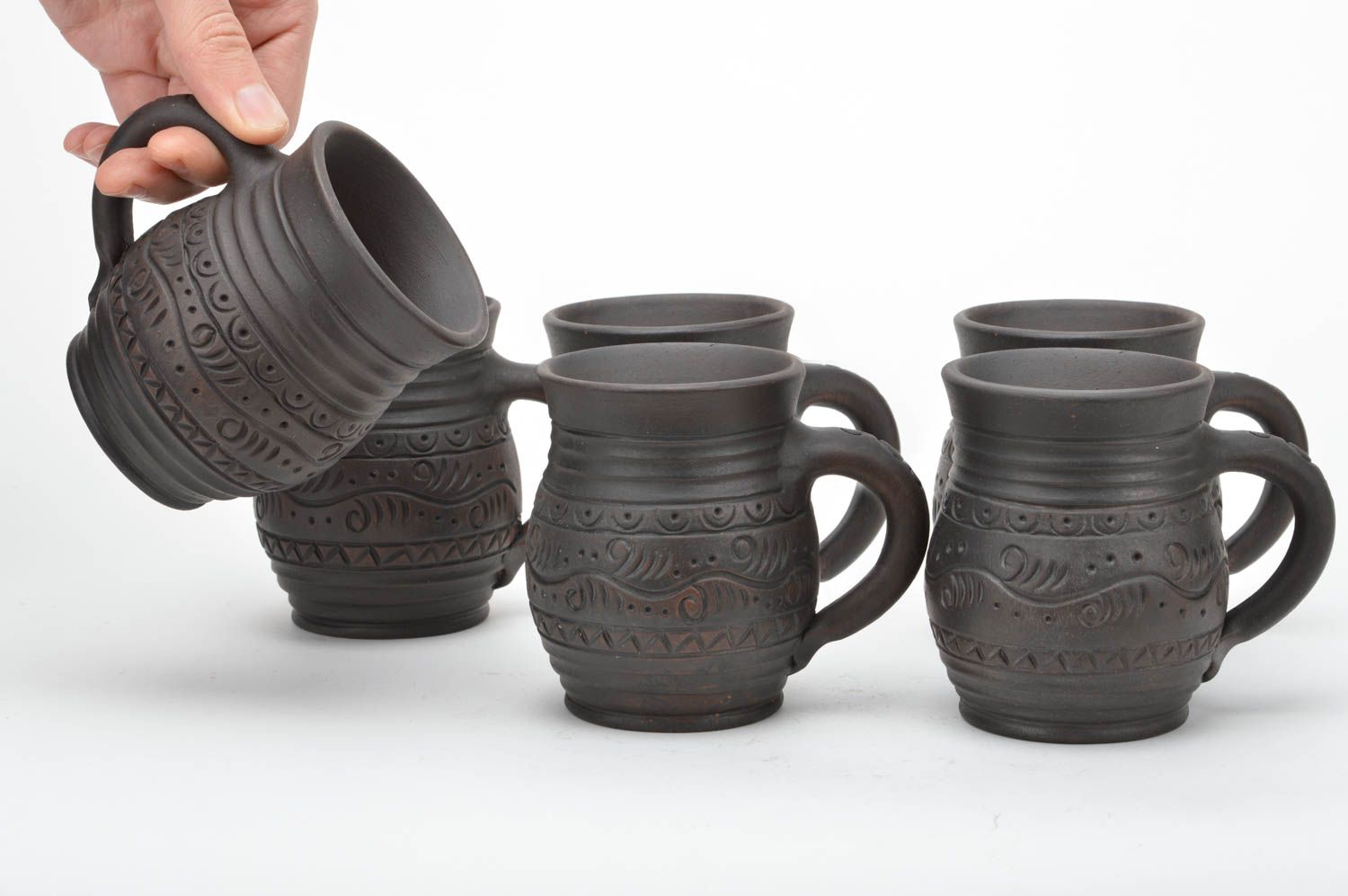 Set of 6 six 8 oz clay dark brown coffee cups with handle and ethnic classic pattern  photo 2
