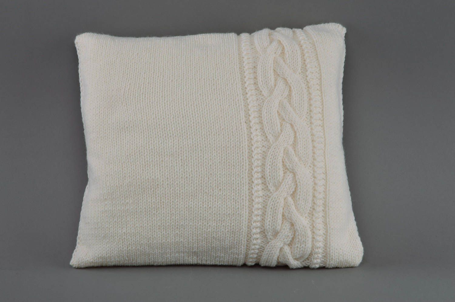 Beautiful large white handmade knitted soft cushion for interior decor photo 2