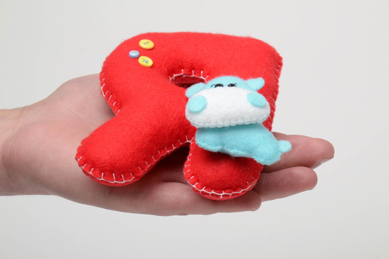 Handmade small red felt educational soft toy letter Я with blue hippo for kids photo 5