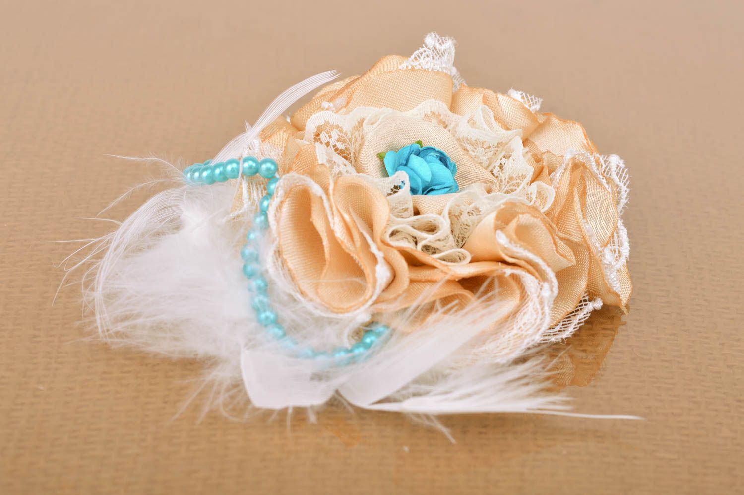 Handmade fabric volume hair clip brooch cream colored stylish accessory photo 2
