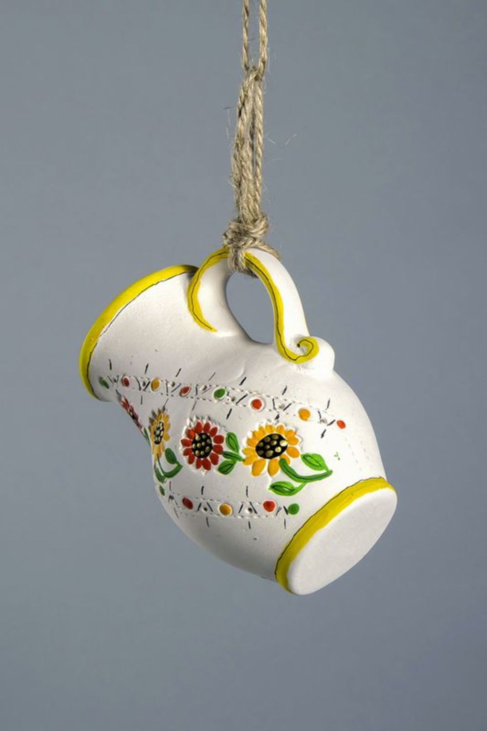 3,5 inches jug on the rope in white and yellow colors with floral design for décor 0,21 lb photo 5