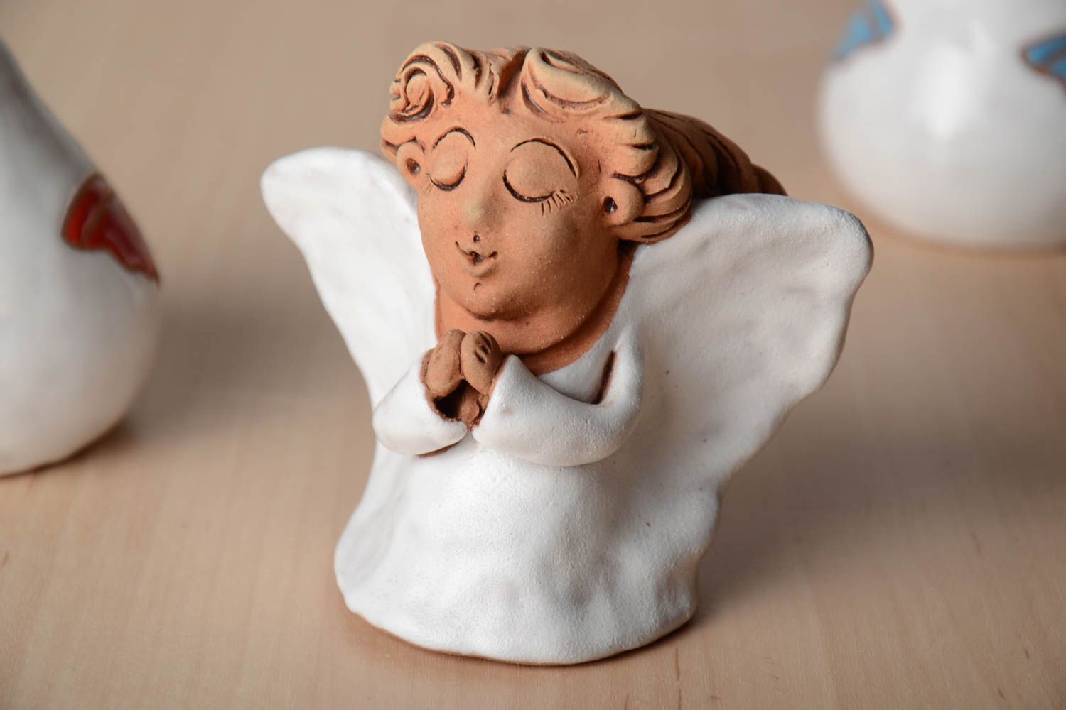 Handmade painted clay figurine of angel with enamel and glaze photo 1