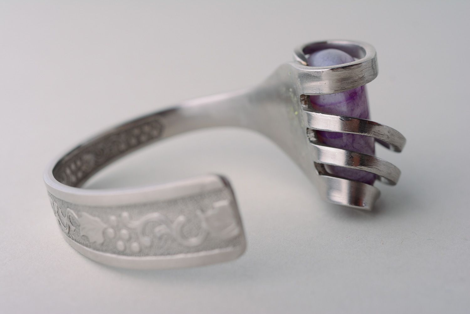 Unusual handmade metal fork bracelet with natural stone photo 4