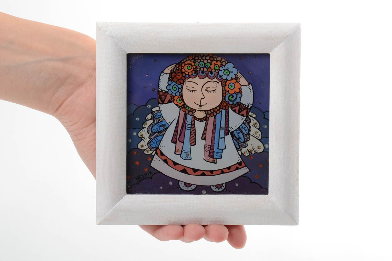 Jolie peinture ethnique avec ange faite main dans cadre aux couleurs à l'huile photo 5