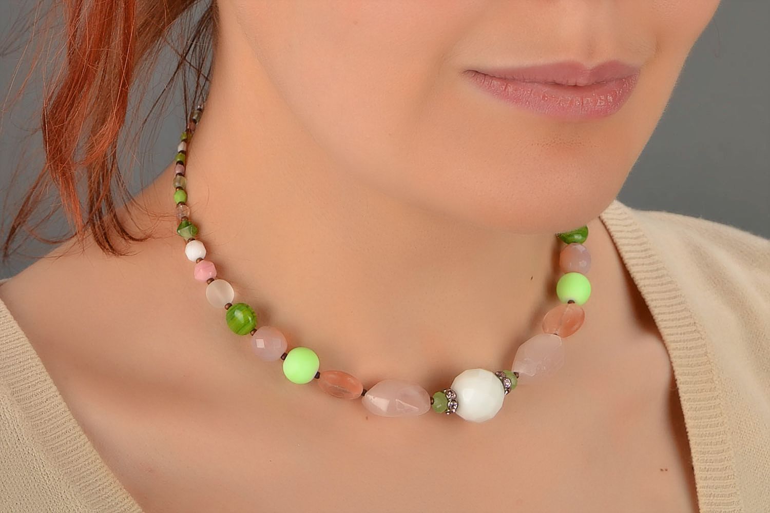 Pink necklace with natural stones quartz and agate handmade fancy jewelry photo 5