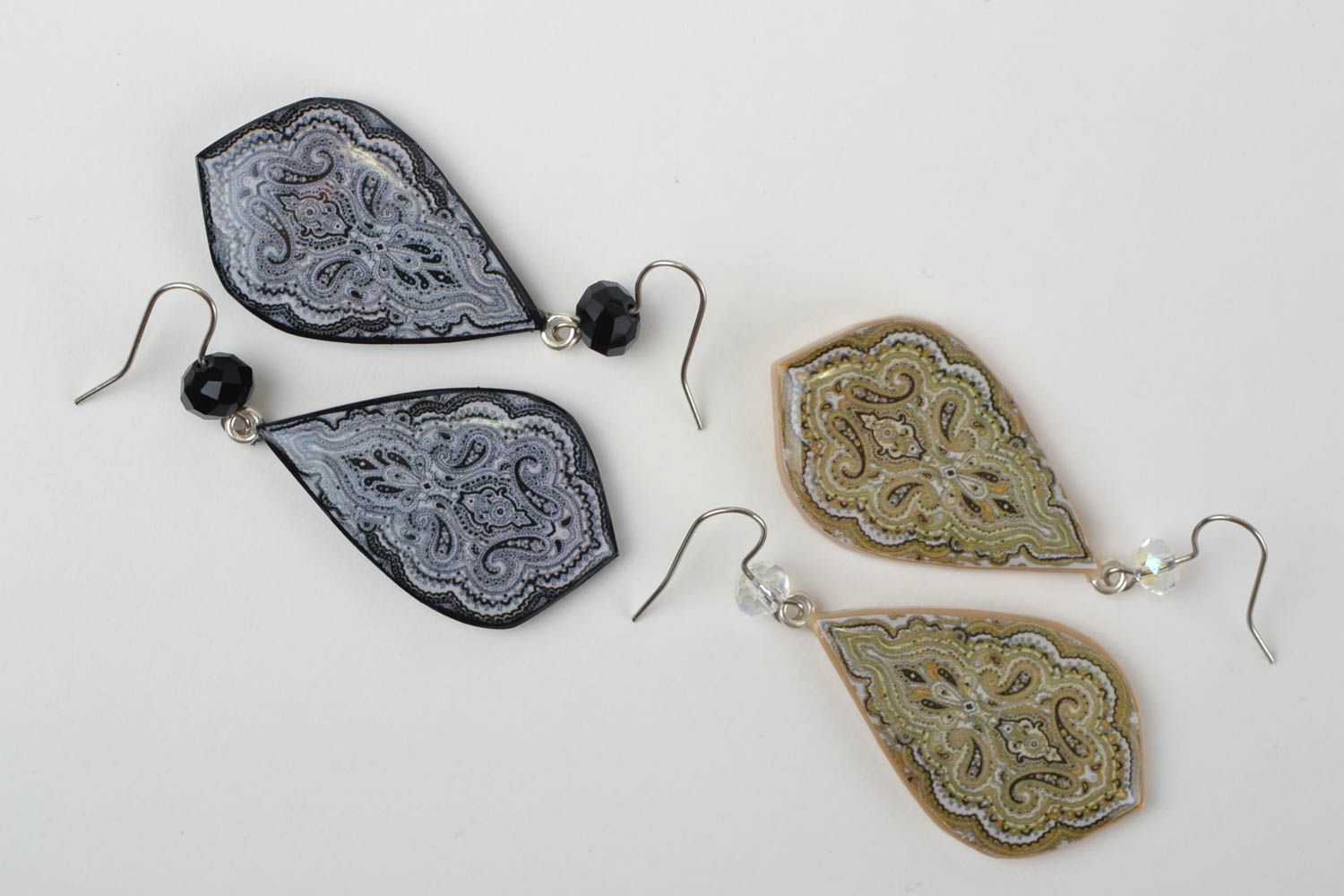 Handmade polymer clay earrings with decoupage set of 2 pairs black and beige photo 3