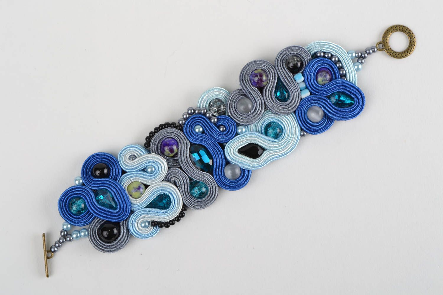 Blue handmade designer soutache bracelet with natural cat's eye stone  photo 2