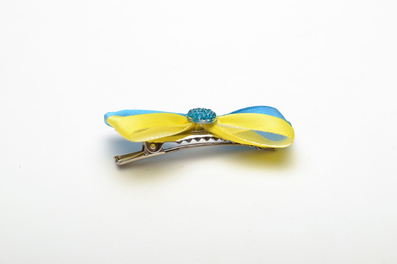 Barrette à cheveux jaune et bleue faite main nœud de rubans de satin avec pince photo 2