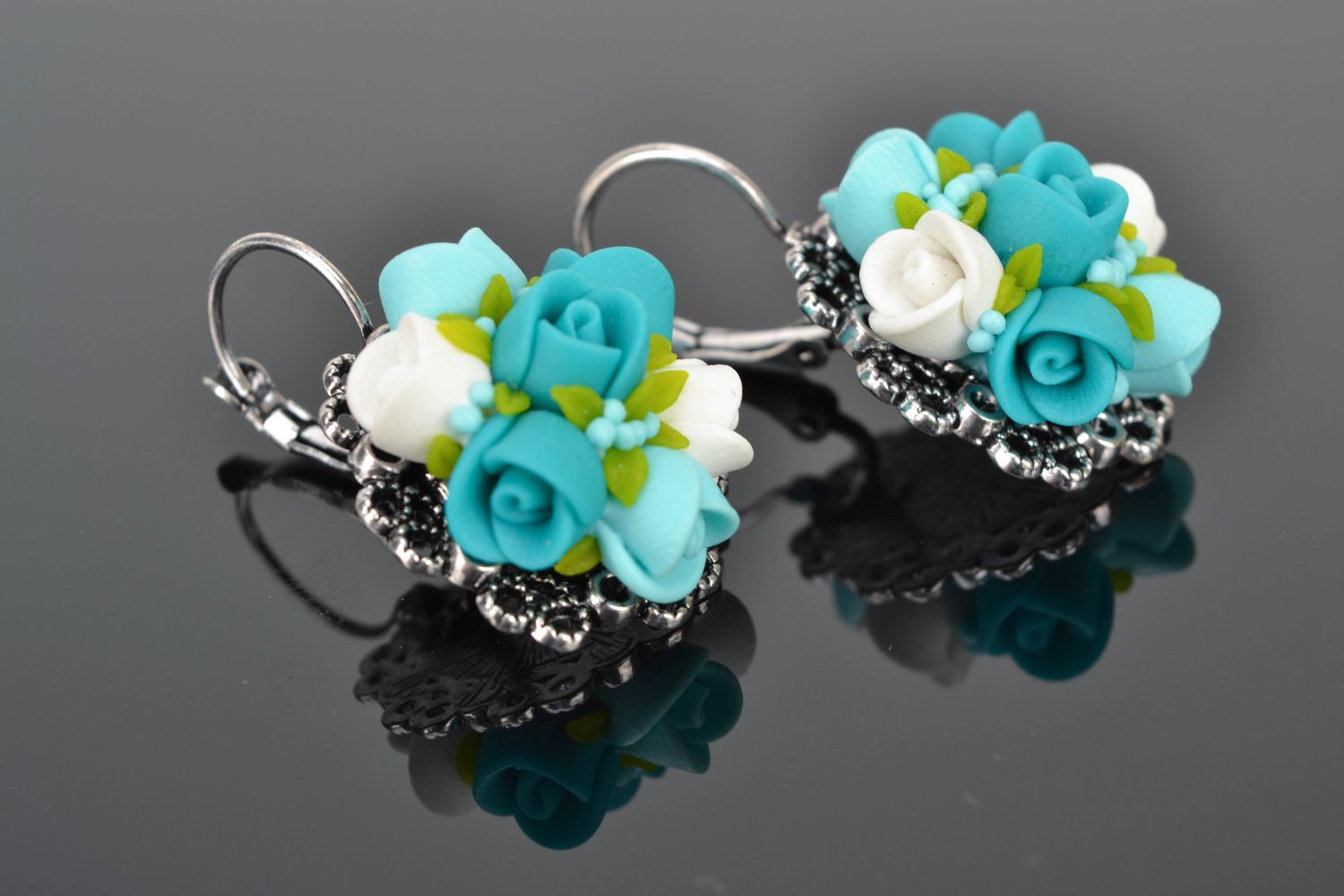 Unusual polymer clay flower earrings Turquoise photo 1