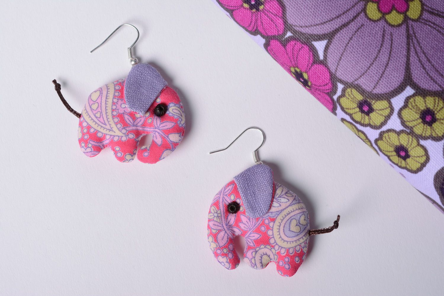 Unusual earrings hand made of linen and cotton fabrics Elephants photo 1