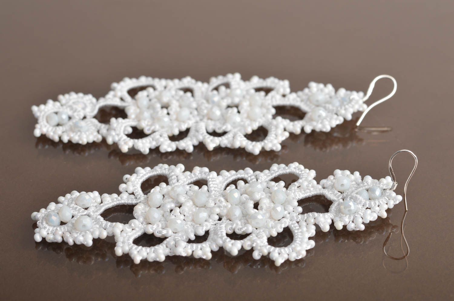 Beautiful white handmade crochet lace earrings with beads and crystals tatting photo 5