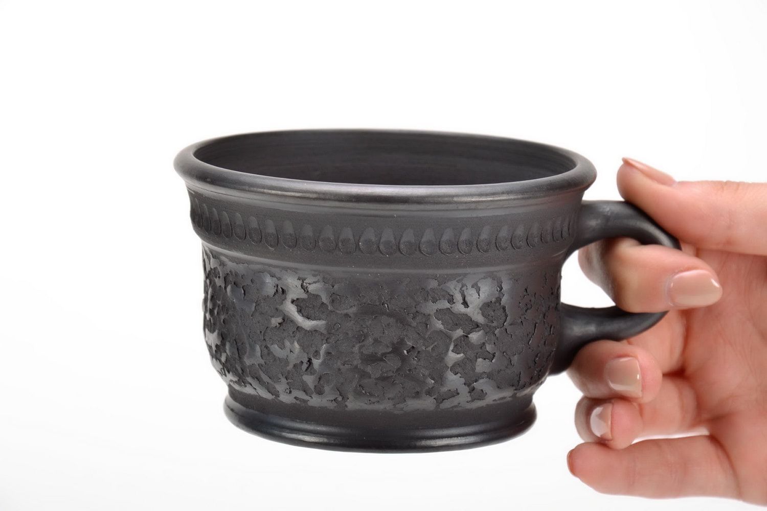 4 oz smoked clay black coffee cup with handle and Ukrainian cozak pattern photo 5