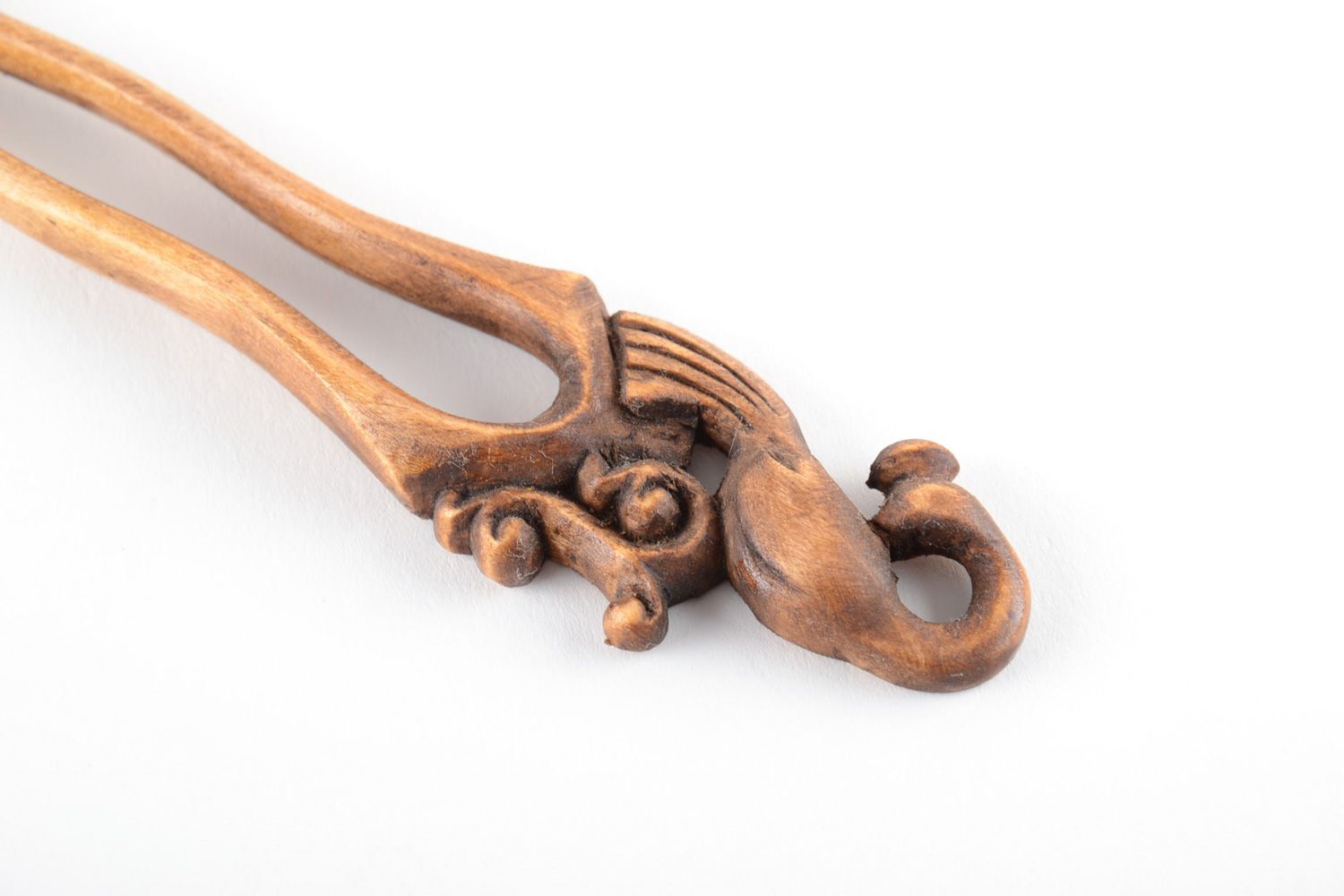 Handmade decorative wooden hair pin with elegant carving in ethnic style photo 3