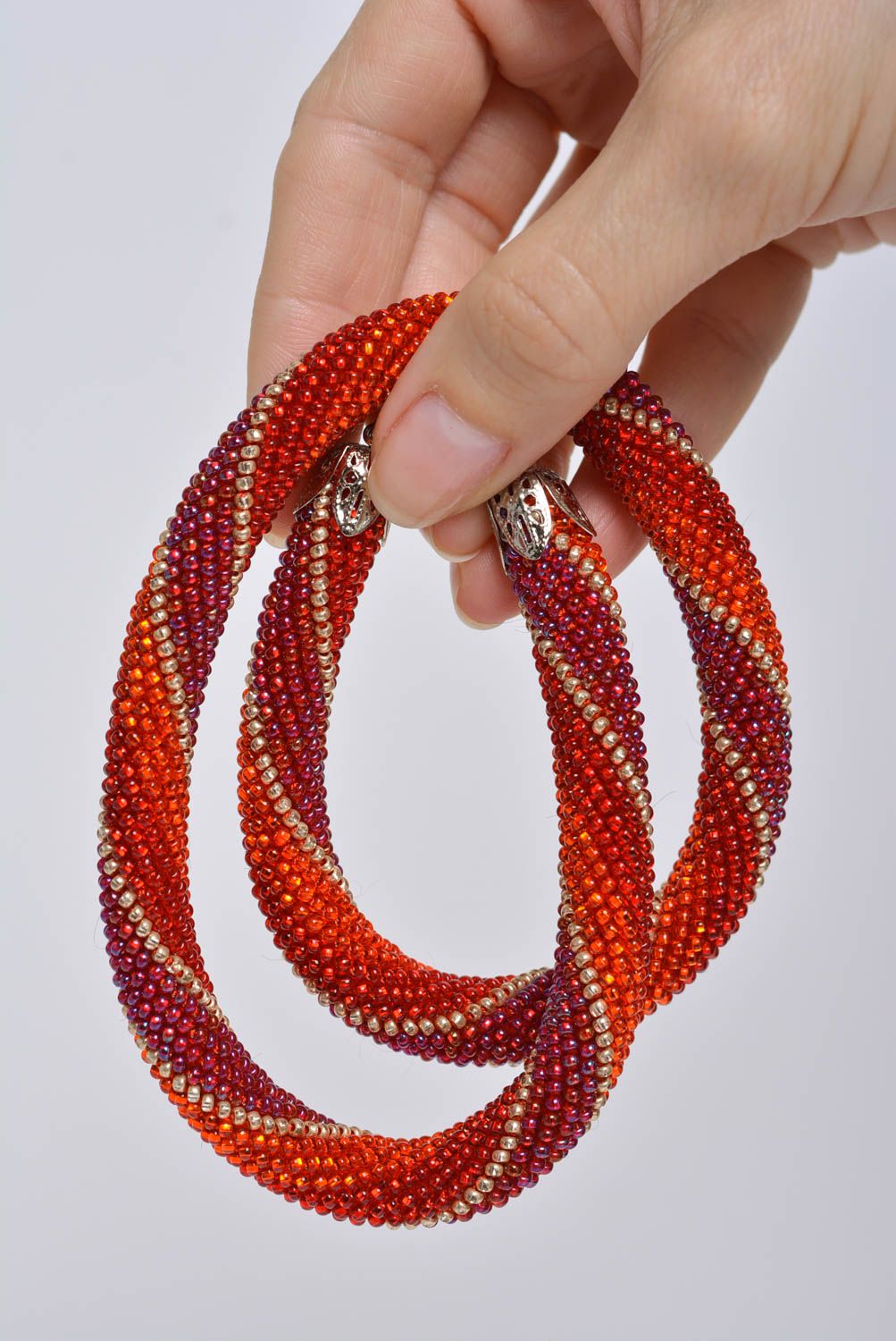 Set of handmade bright red striped bead woven jewelry bracelet and cord necklace photo 4