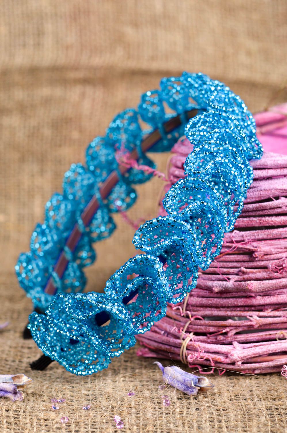 Handmade Haarreif mit Perlen Accessoire für Haare Glasperlen Schmuck blau foto 1