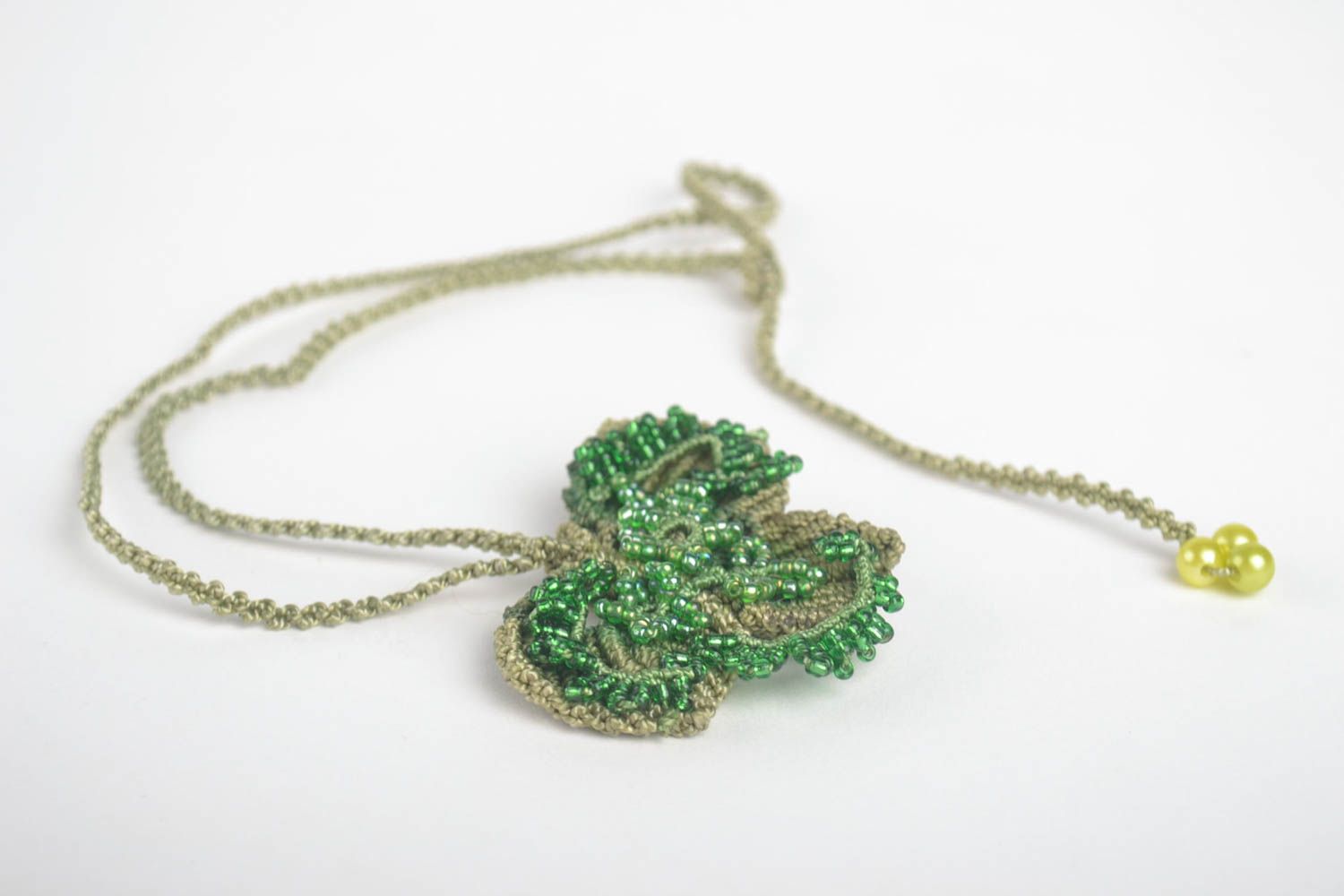 Stylish macrame pendant designer beaded necklace green leaf accessory photo 4