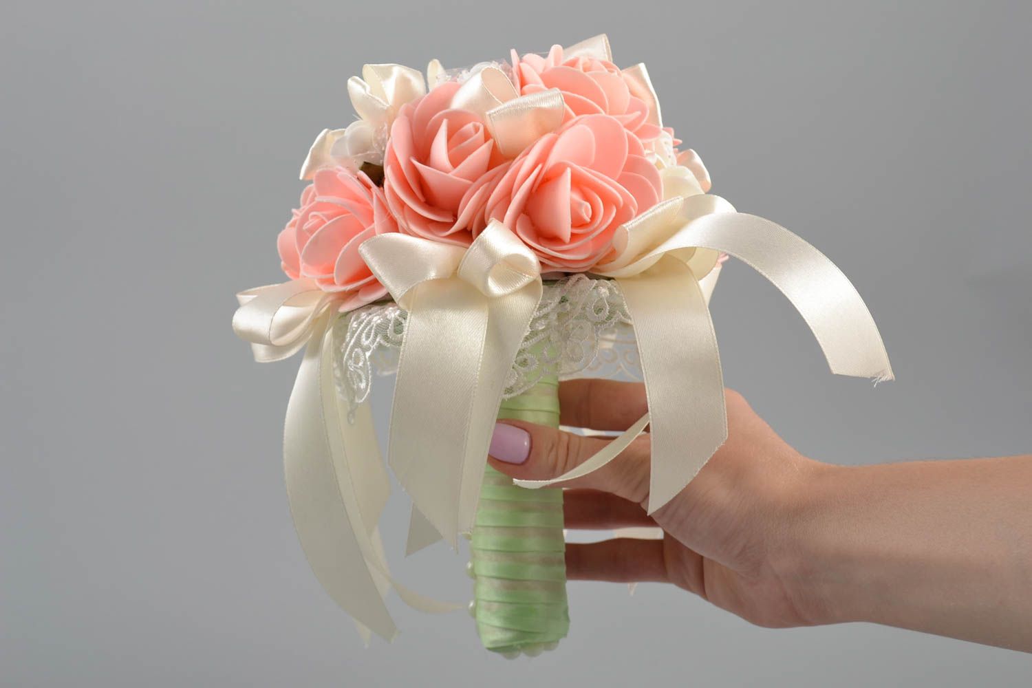 Handmade decorative wedding bouquet with foamiran flowers ribbons and beads photo 5
