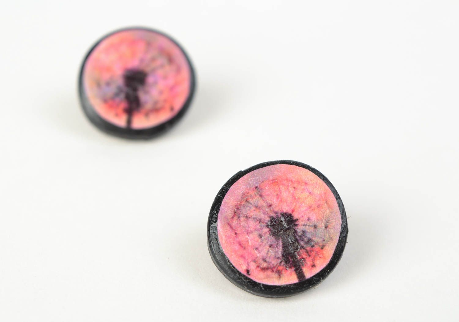 Handmade stylish stud earrings made of polymer clay with decoupage Dandelions  photo 5