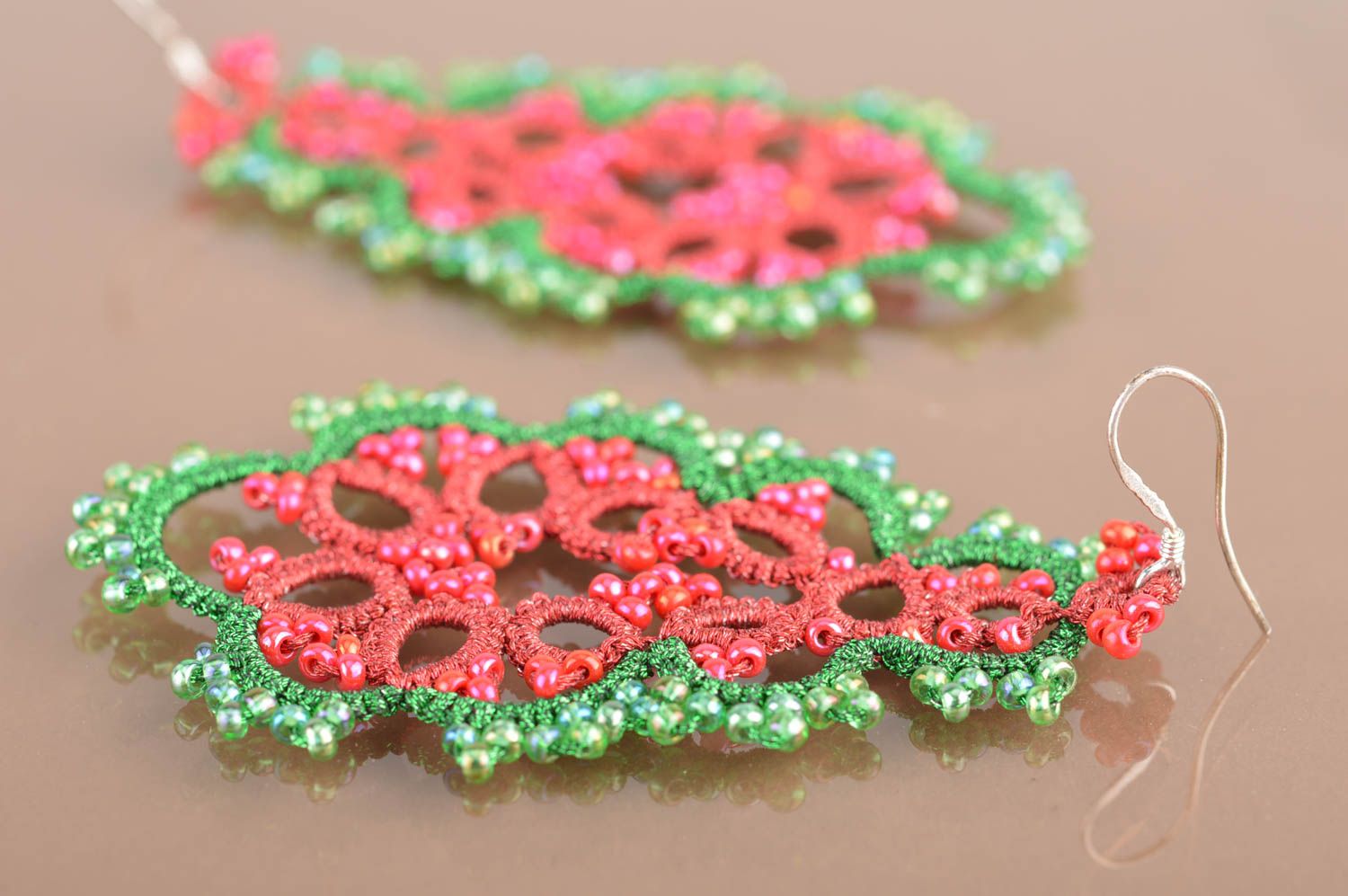 Women's handmade designer crochet tatted earrings with beads unusual jewelry photo 5