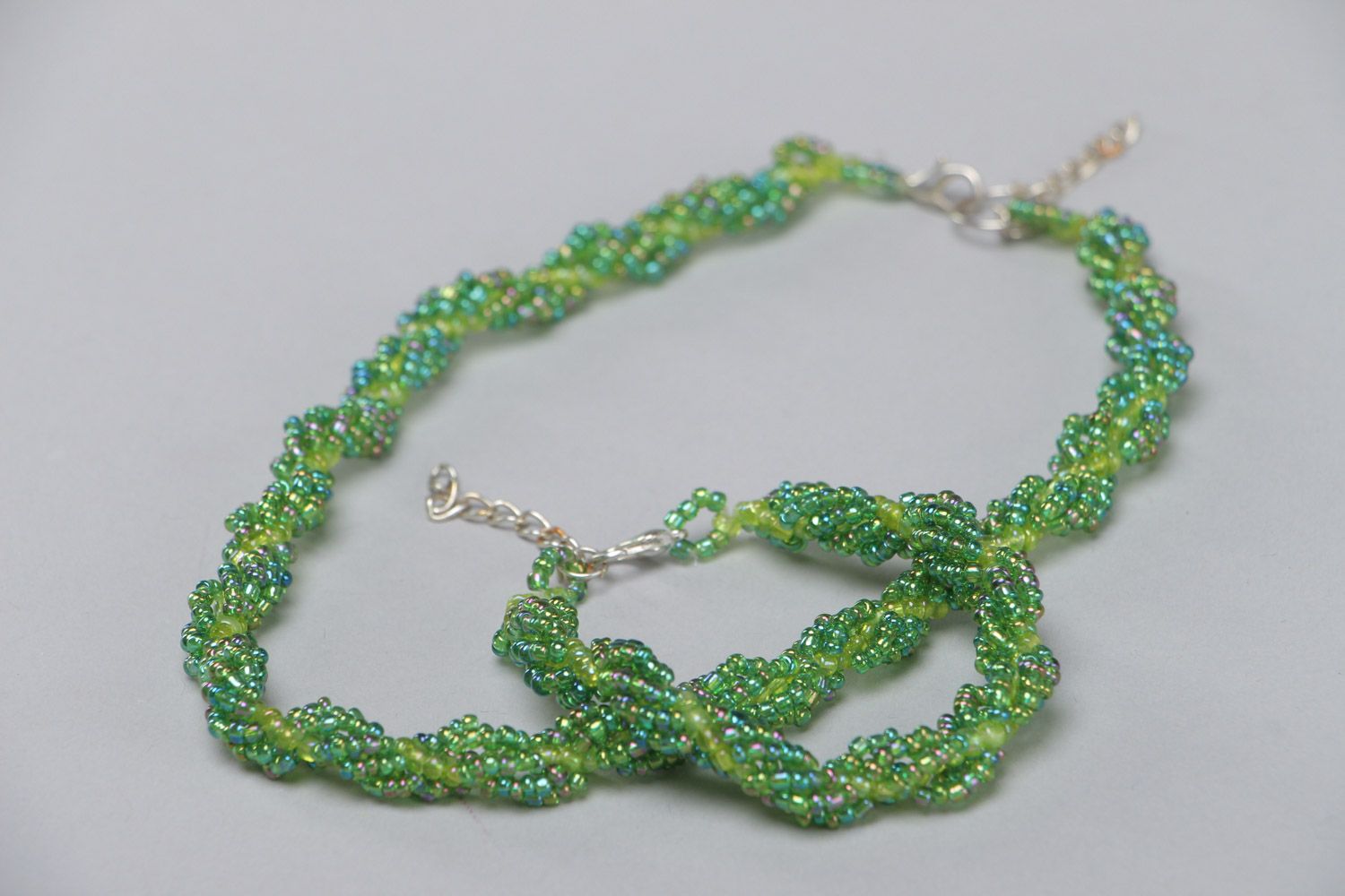 Handmade green woven beaded jewelry set 2 items bracelet and necklace photo 3