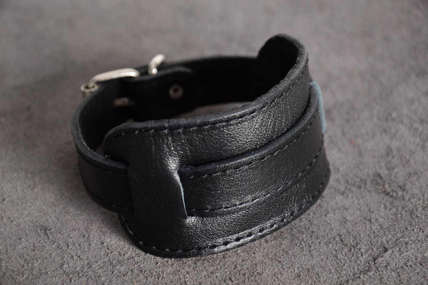 Stylish handmade black genuine leather wide bracelet unisex photo 1