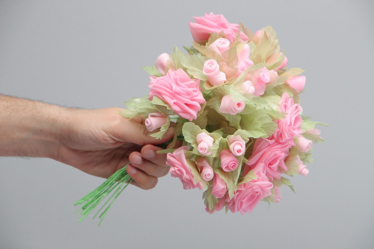 Bouquet de fleurs en mousseline de soie fait main original roses roses  photo 5