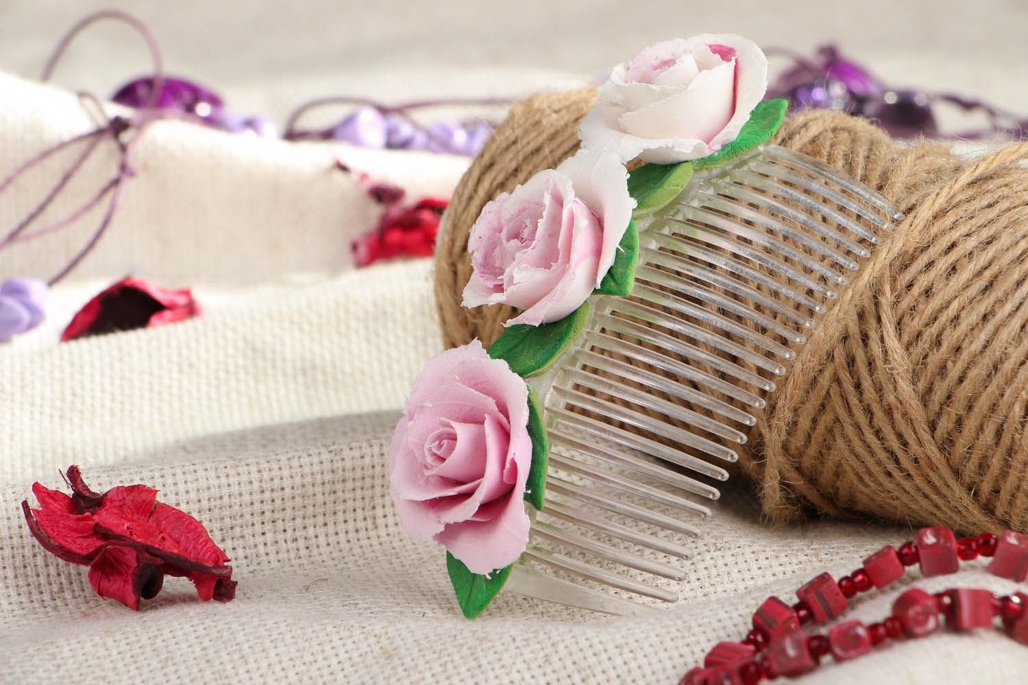 Peigne décoratif cheveux avec roses fait main photo 4