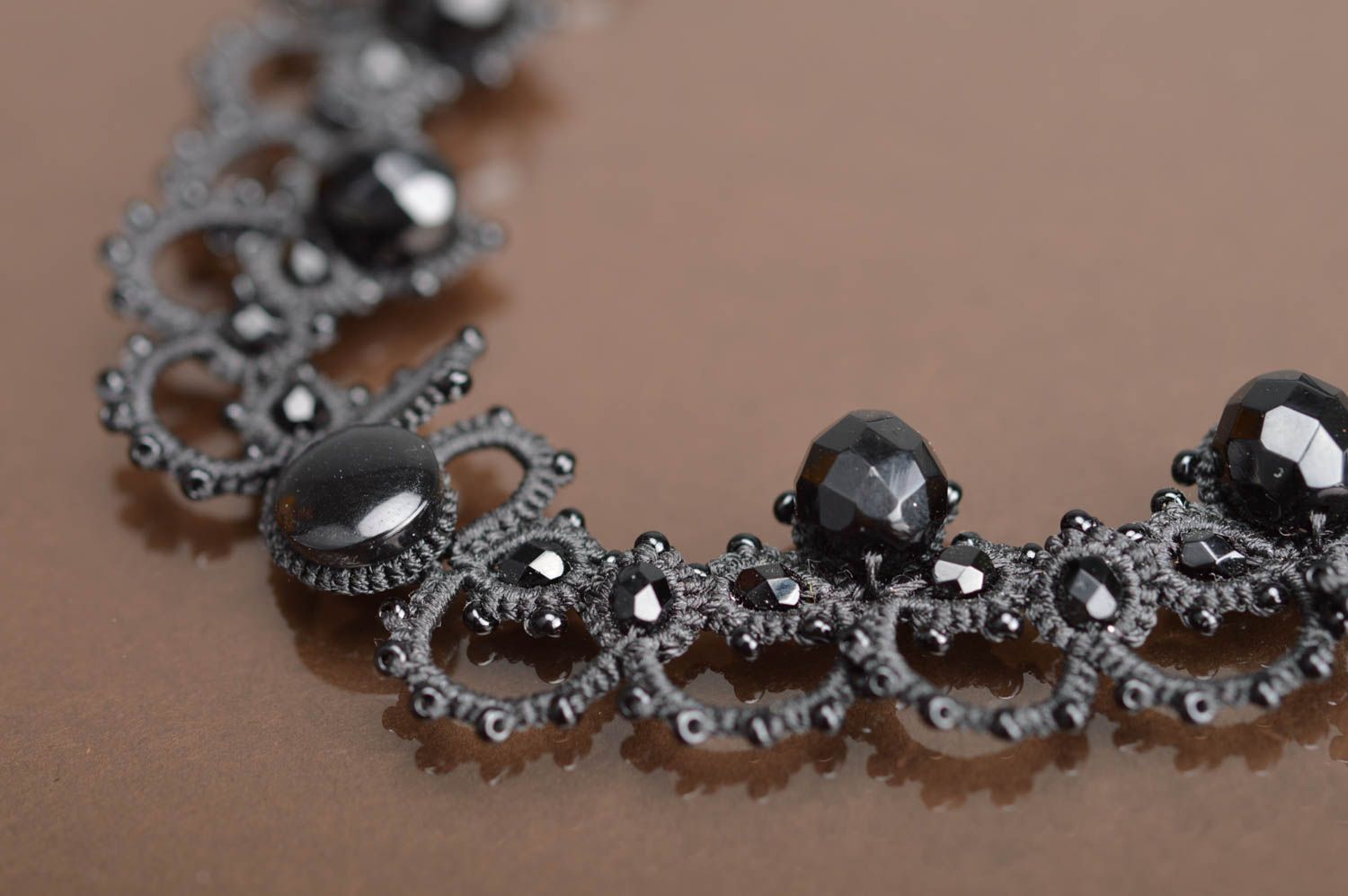Handmade black necklace made of Czech beads and threads using tatting technique photo 5