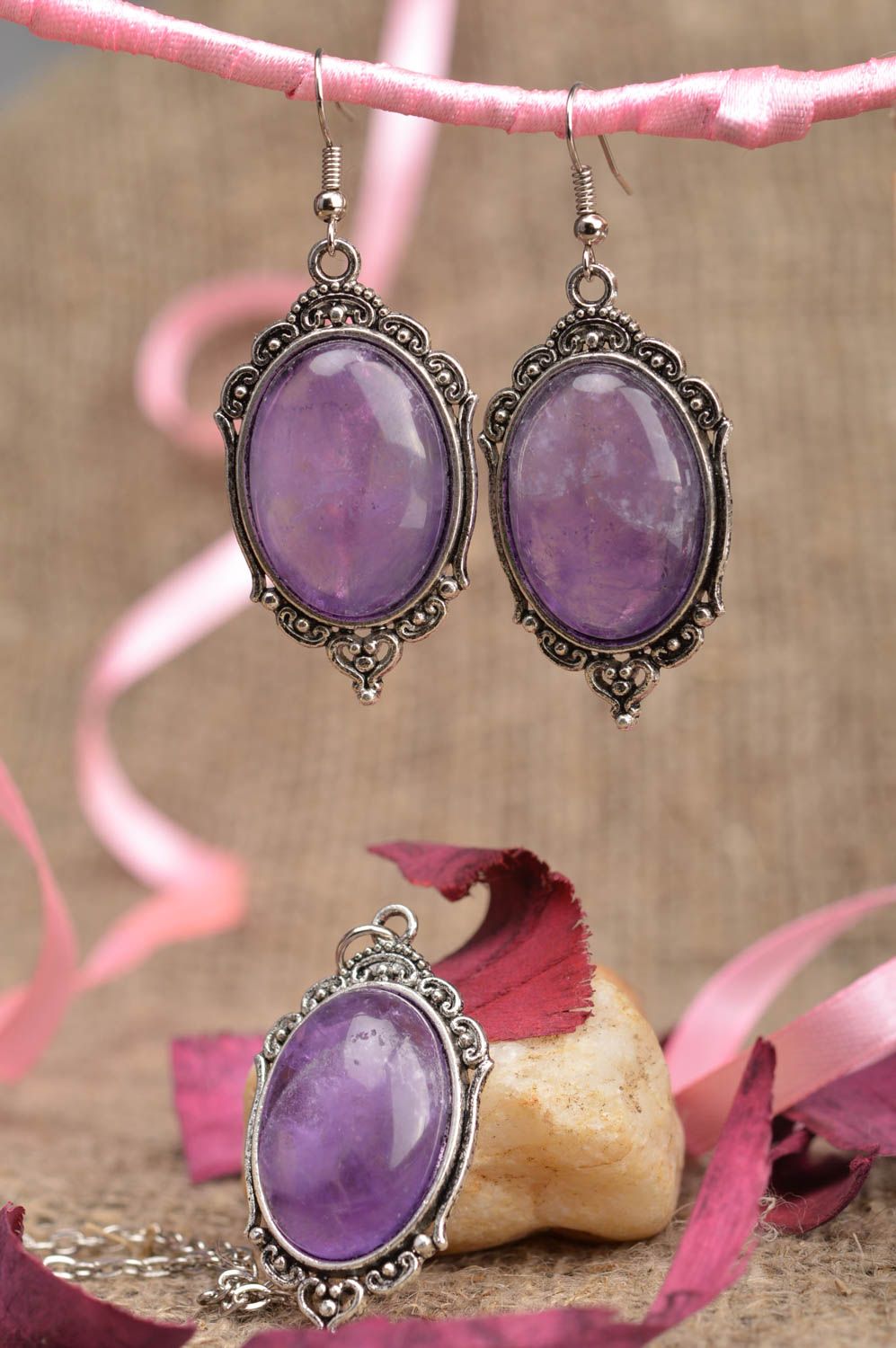Beautiful handmade jewelry set metal pendant and earrings with lilac stones photo 1