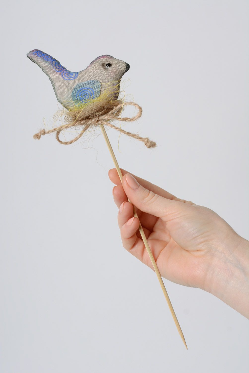 Handmade linen fabric birdie on stick for houseplants photo 1