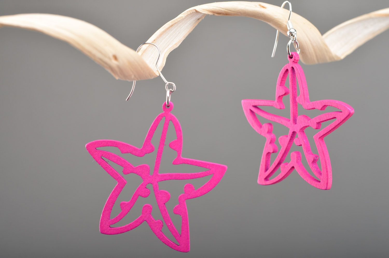Handmade wooden dangle earrings in the shape of bright pink flowers for girls photo 1